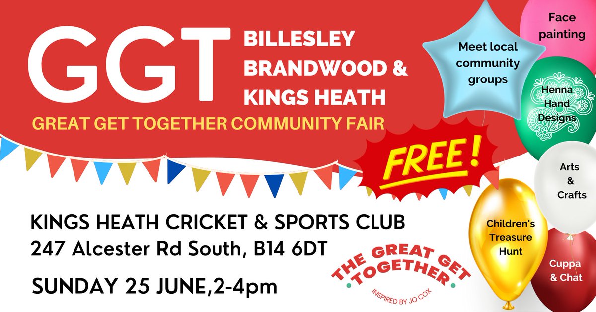 #GreatGetTogether Community Fair 
at #KingsHeath Cricket & Sports Club
this Sunday 25 June, 2-4pm! 

We'll be there with a stall, on hand to chat about the support we can give you when you're setting up, running or growing a small community group in Brum! Come and say hello🌼