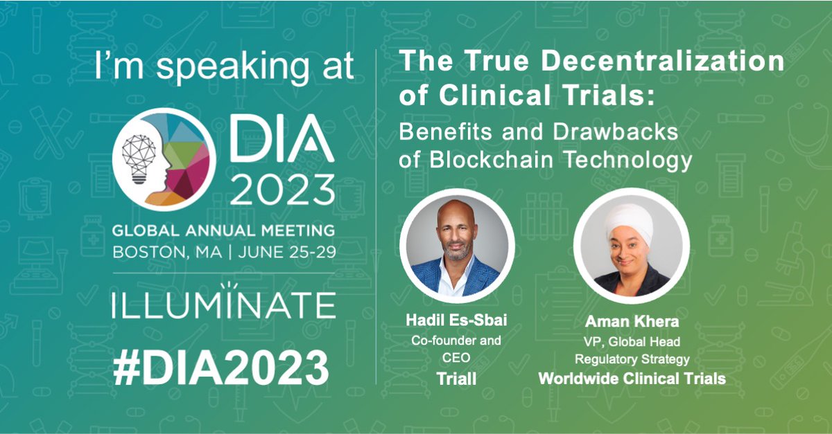 triallofficial's tweet photo. Join us at DIA 2023 in Boston 🇺🇸

Next Monday, we are hosting a session at #DIA2023 with Worldwide Clinical Trials.

We'll discuss the impact of #blockchain on clinical trial #decentralization and #patientexperience.

⏰ June 26 4:15-5:15pm EDT

👉 Info: https://t.co/UQqITQtzeR https://t.co/ONjVfTk6gv