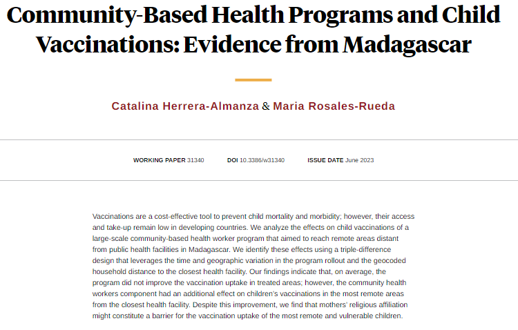 NBER (@nberpubs) on Twitter photo In Madagascar, a large-scale community health-based intervention that included community-health workers deployed in remote villages significantly increased immunization uptake in areas located more than 10km away from the closest health facility, from <a href="/cherreralmanza/">Catalina Herrera </a> and In Madagascar, a large-scale community health-based intervention that included community-health workers deployed in remote villages significantly increased immunization uptake in areas located more than 10km away from the closest health facility, from <a href="/cherreralmanza/">Catalina Herrera </a> and