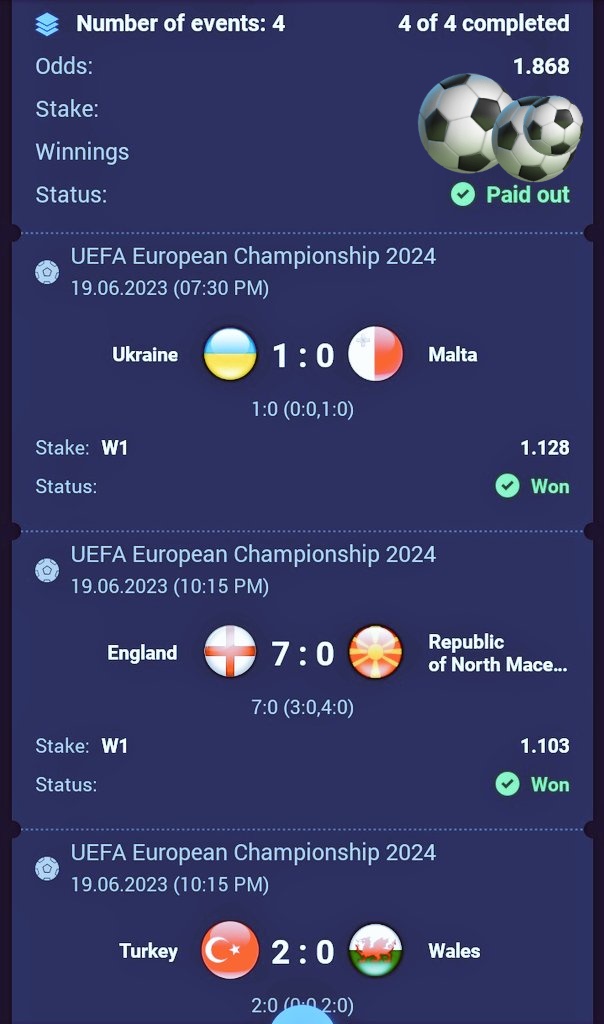 Won last night mixed.( For VIPs )
Total odds: 1.85
#Euro2024Qualifiers 
Be #WINNER with us 🤞
I'll tweet tonight 2 odds mix as quote of this for free for Euro 2024 Qualifiers.⚽️
#GamblingTwitter #bettingtips 
#bettingsports #1xbet