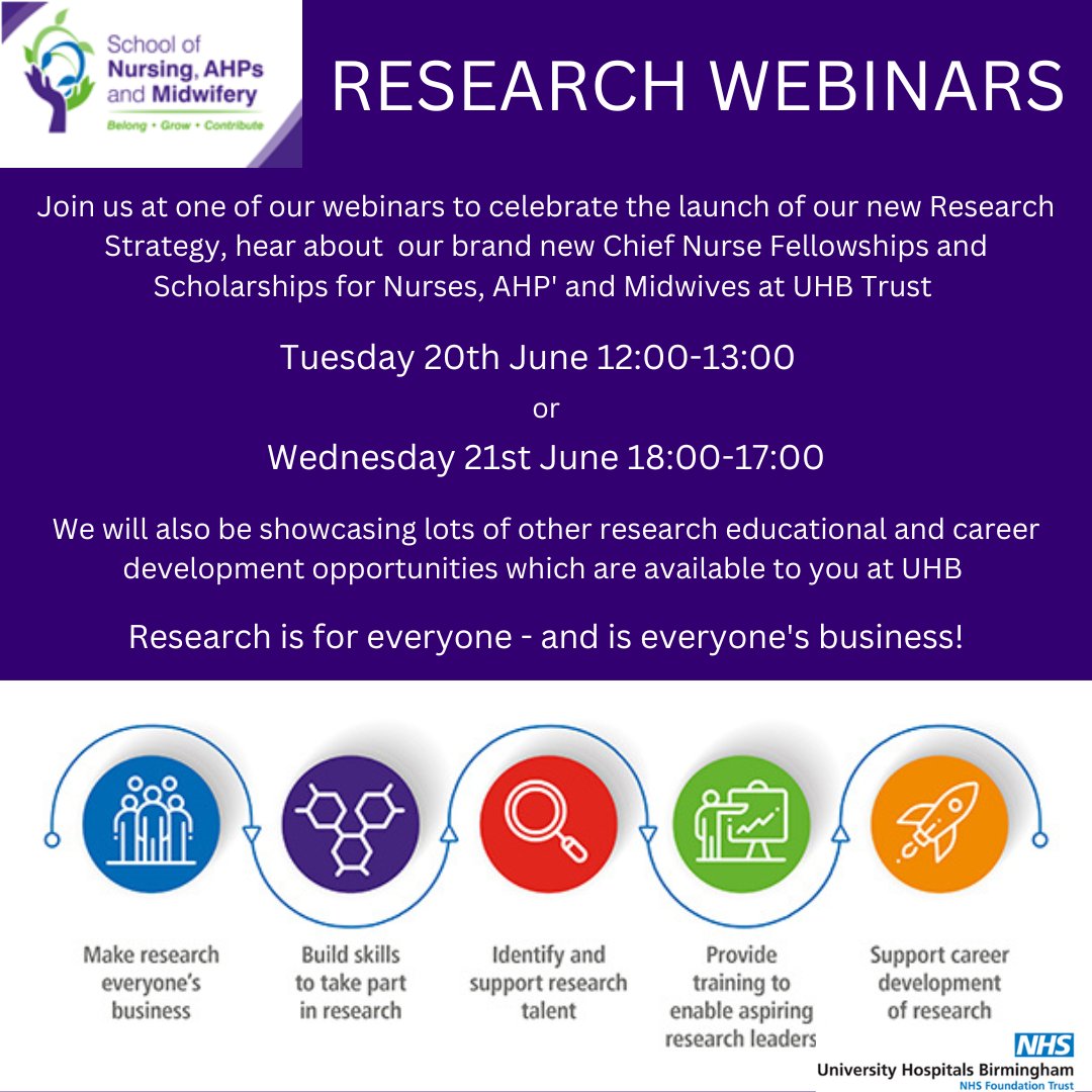 Thanks to all of you who joined  our research webinar launching our NMAHPs research strategy to support clinical academic careers and our Chief Nurse Scholarships and Fellowships. There's still a chance to sign up for tomorrow evenings webinar. @UHB_SoN @uhbtrust @ProfAnnieT