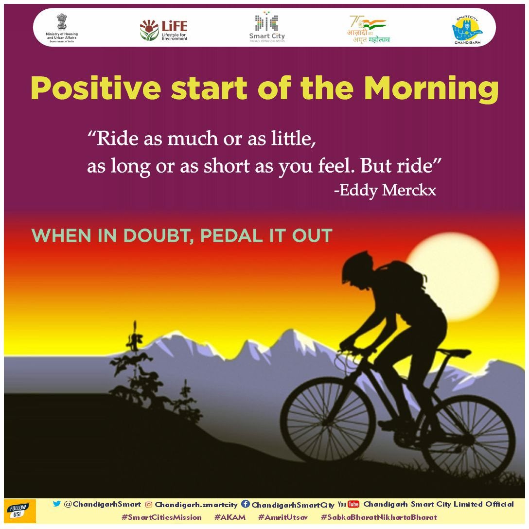 Cycling helps in the production of dopamine hormone that keeps you happy. Why to wait for having a cycling routine for positive start of the morning?

#ChandigarhSmartCity #cyclinglife #cycling #SmartCityChandigarh #SmartCitiesMission #AKAM #AmritUtsav #SabkaBharatNikhartaBharat…