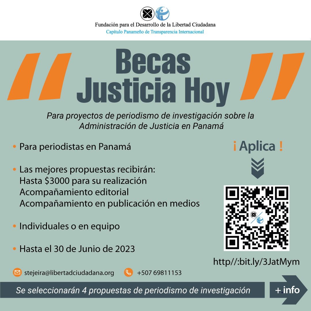 📢¡Convocatoria abierta!

📷Participa en la Beca de Periodismo de Investigación "Justicia Hoy" en Panamá.

💡Recibe hasta US$3,000.00, acompañamiento editorial y publicación del trabajo.

📝Registro bit.ly/3JatMym 

¡No pierdas esta oportunidad!

#JusticiaHoy #Periodismo