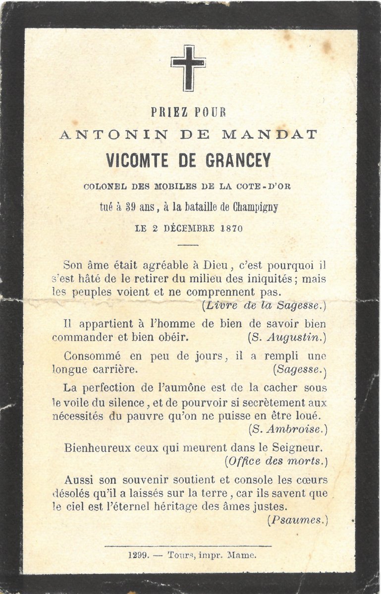 Grâce à l'acquisition de cette photographie, nous sommes très heureux de pouvoir mettre un visage sur la plaque commémorative en mémoire du vicomte de Grancey, colonel des mobiles de la #CotedOr, tué lors de la #BatailledeChampigny le 02/12/1870 ! 

Coll. musée de #BrysurMarne