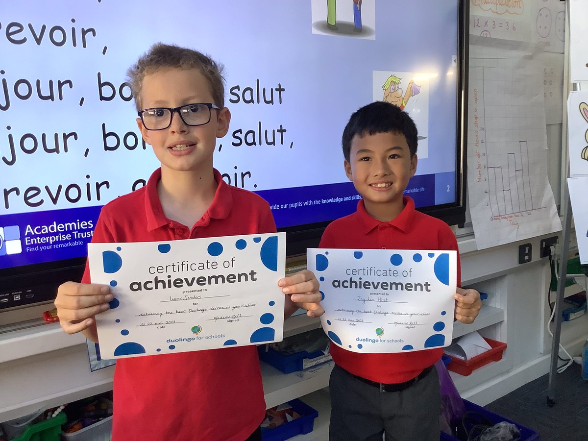 BHAInternationl's tweet photo. Félicitions to our Yr3 DuoLingo winners!ZayLin &amp;Lucas are self-motivated learners who have worked hard on learning French in their spare time at home using DuoLingo. @BHA_TQ @BhaYear3 @AETAcademies @BhaYear6 https://t.co/AY5ZvmlwC9