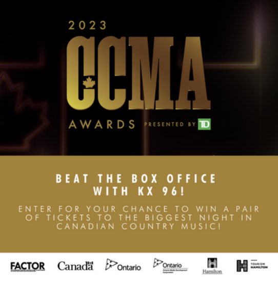 KX96's tweet photo. Get ready for the biggest night in Canadian country music –The 2023 CCMA Awards presented by TD!🤠🎶

🗓 September 16th
📍 FirstOntario Centre

🎫 on sale June 22nd at 10am 

Join the KX Morning Ride Thursday morning for your chance to score a pair first!🙌 

@CCMAofficial https://t.co/d0HFjnQ4PC