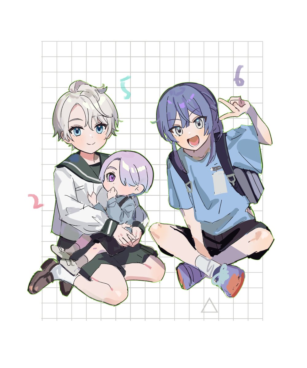 multiple boys aged down shorts 3boys shirt male focus purple hair  illustration images