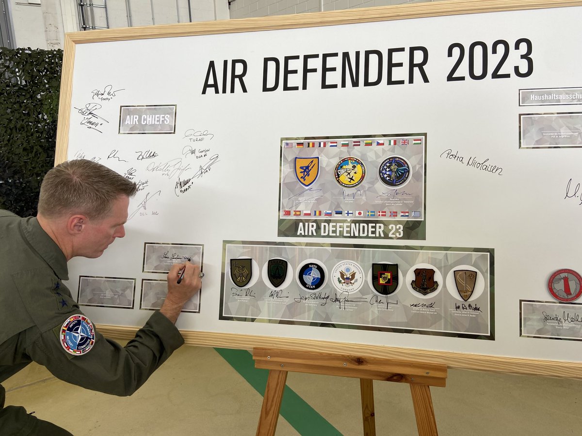 NATO_PASCAD's tweet image. LtGen Landrum, Deputy Chair of the #NATOMC was in #Germany for #AirDefender2023, the largest air exercise in #NATO history.

With 25 nations + 10,000 personnel + 250 aircraft =  message is clear: NATO is ready &amp;amp; its #DeterandDefend Posture is strong.