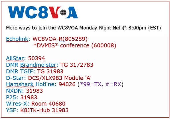 WC8VOA's tweet photo. Join us for our Weekly Net at 8:00pm (Eastern)
Lots of different ways to connect with us.
#hamradio #radionet https://t.co/MZOfMhsQIU