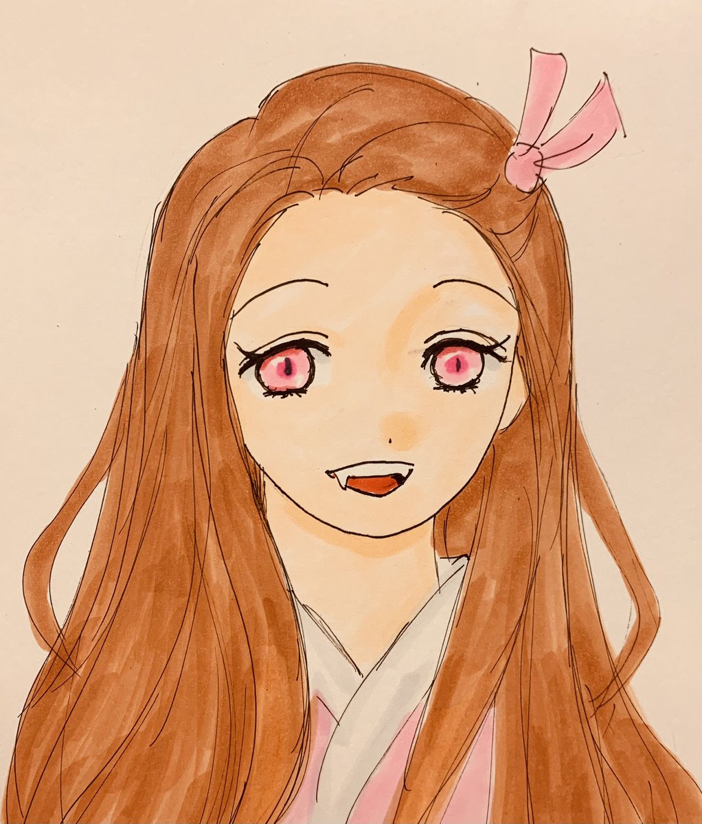 kamado nezuko 1girl solo long hair pink eyes open mouth traditional media ribbon  illustration images