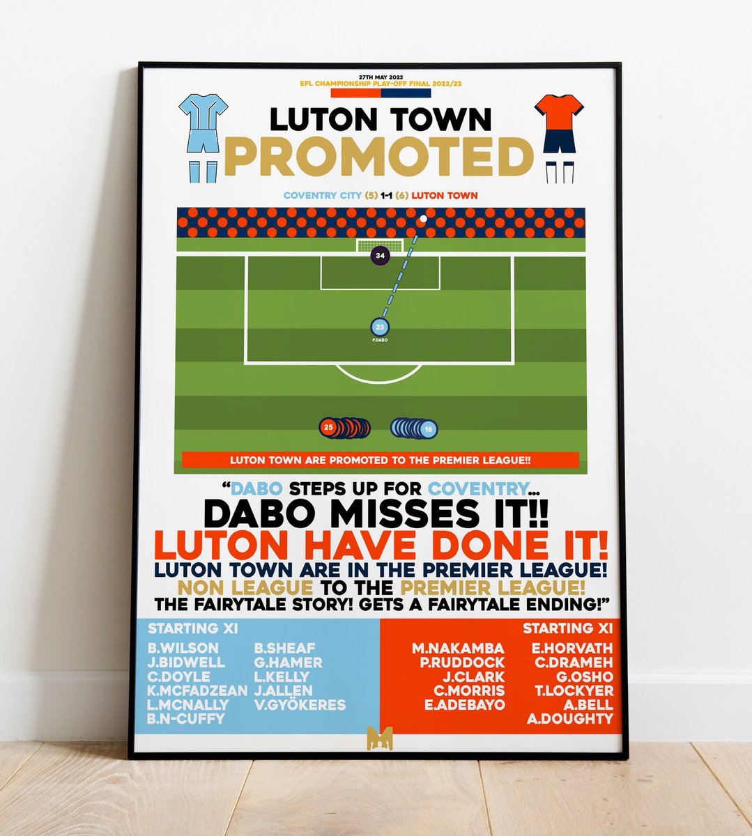 OakRoadHatter's tweet image. 🎁 FRAMED PRINT GIVEAWAY

To celebrate #LTFC's promotion to the #PremierLeague, MezzalaDesigns.co.uk are giving away a framed print &amp;amp; mug of our shootout win in the 22/23 Play-Off Final 🏆🟠

To enter:
👉 RT this tweet
👉 Follow us &amp;amp; @MezzalaDesigns

Ends 25/6 @ 6pm.

#COYH