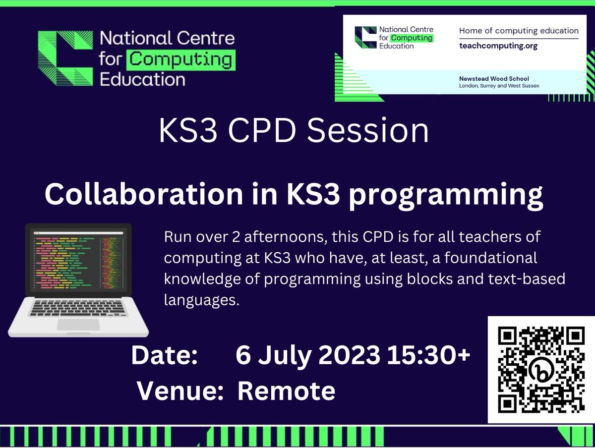 Collaboration in #KS3 programming 

Join us for our CPD training course, run over two afternoons on 6 +13 Jul 23 15:30+

To book, and see more information👉 bit.ly/44cjw0T

#computing #computerscience #computingcpd #programming #cpd #secondarycomputing  
#caschat