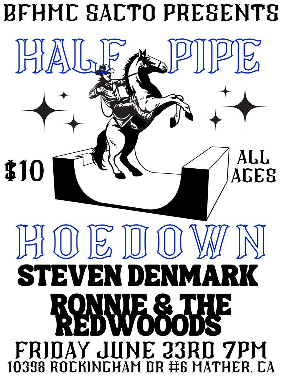 SACRAMENTO! THIS FRIDAY we’re shredding the local BFH Motorcycle Club with our good friends Ronnie &amp; The Redwoods (West Texas Americana / Rock)🤘🎶

Come bring the whole fam to the Half Pipe Hoedown. 

7pm-10pm / ALL AGES