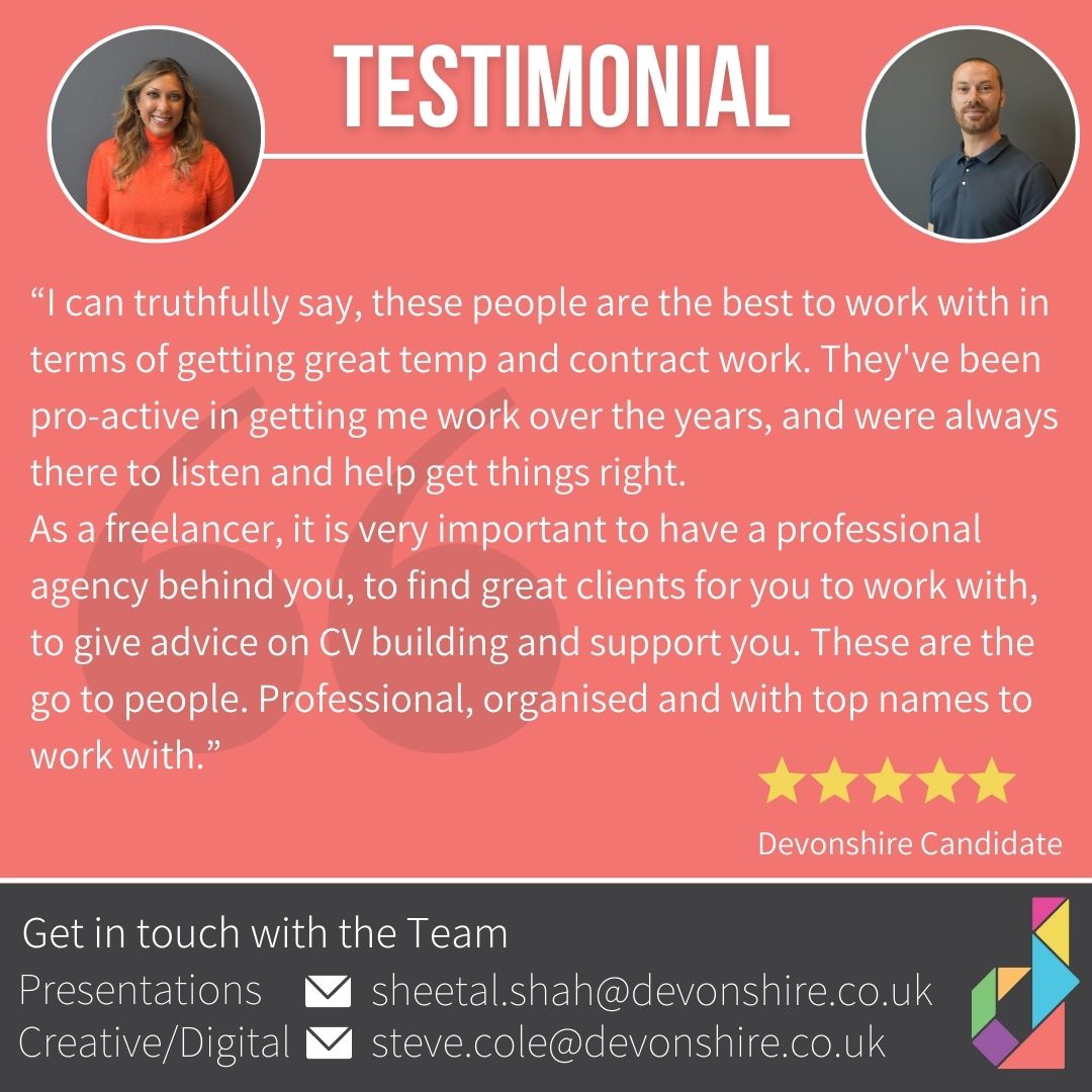 DevonshireJobs's tweet photo. 📢 TESTIMONIAL TUESDAY 📢
A great review from one of our freelancers for our Creative Team!

We work with some amazing clients looking for freelance and long-term temp contractors in the Presentations, Creative, Digital, Content, UX &amp; UI fields!

Contact us for more infomation! https://t.co/kin61fXOtS