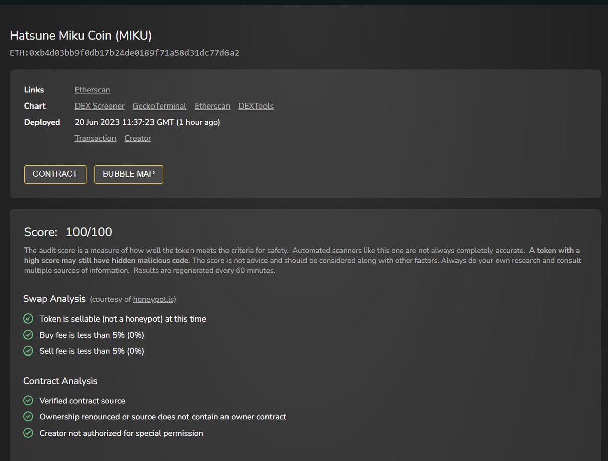 CONGRATS MIKU FAMS WE GOT 100/100 SCORE ON TOKEN SNIFFER AUDIT! 

100% SAFU

tokensniffer.com/token/eth/js2x…