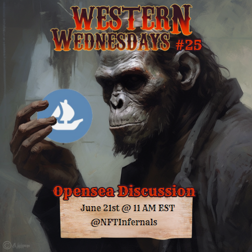 Western Wednesdays #25 is tomorrow! 🤠🍻

Now that we have the contract, and control over getting verification through <a href="/opensea/">OpenSea</a> , the big question is Wen Verification? 

We will be giving updates on the #Opensea verification status, while also discussing other things for the