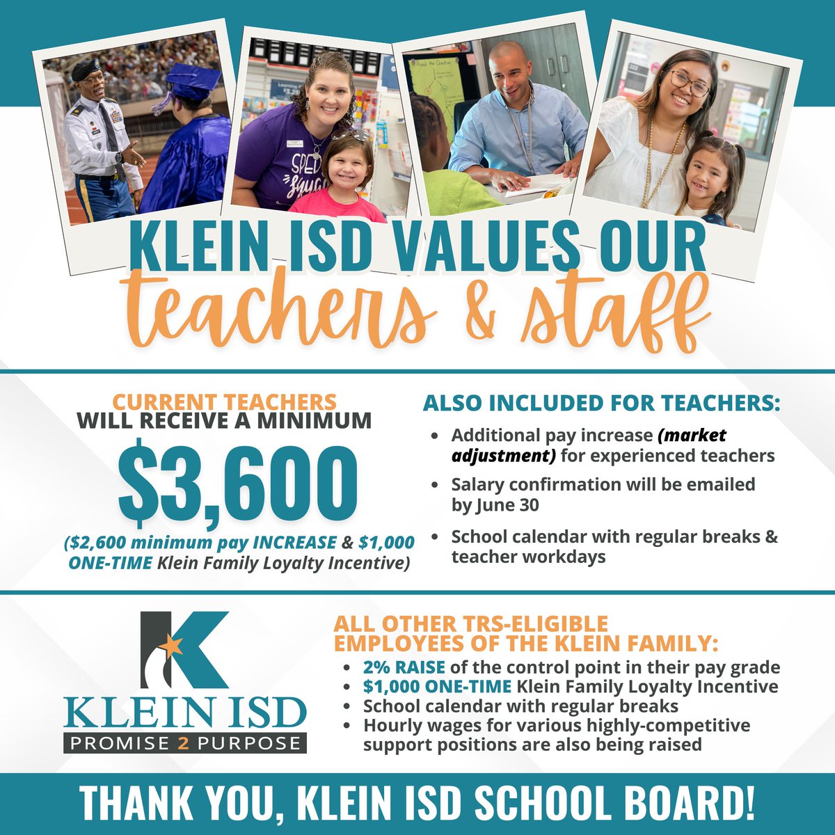 🎉 HAPPY NEWS, #KleinFamily! 🎉 Our Klein ISD Board unanimously approved a PAY INCREASE for ALL Klein ISD employees as part of our 2023-2024 Compensation Plan! 🙌
