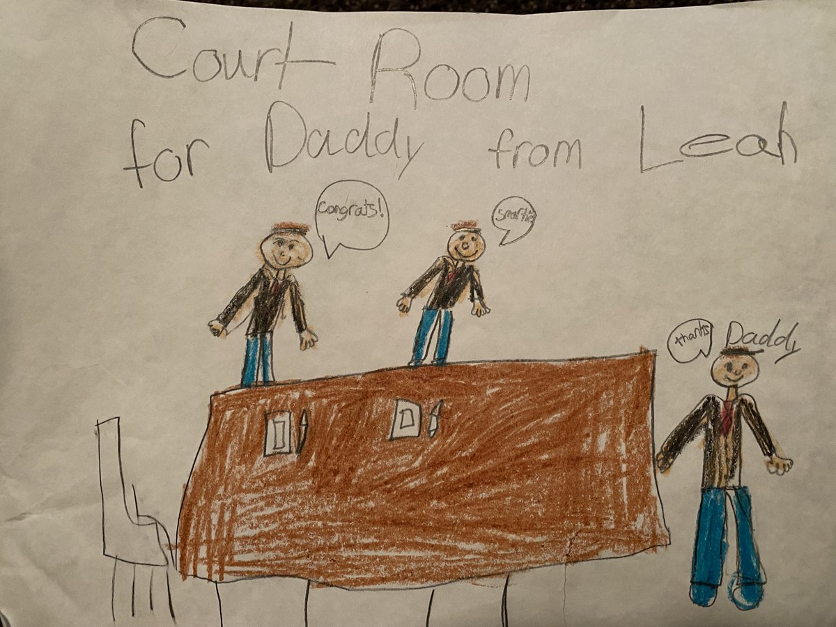 Talk about a courtroom sketch. 4-year-old Leah Edelstein drew this for her father Jay, and it still hangs in his office to this day. Leah herself is now a lawyer too; read more about the Edelstein legal tradition here: tinyurl.com/555k82pm