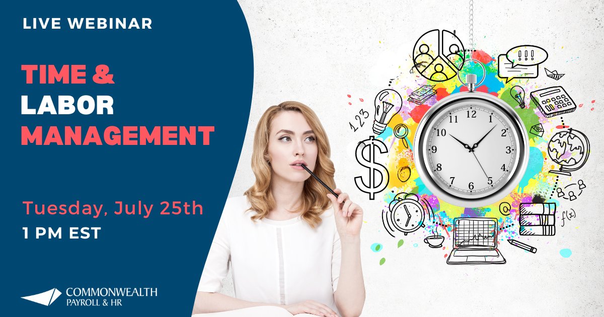 Join us on Tuesday, July 25th at 1pm to learn more about our Time and Labor Management solution that will save you time, minimize errors and improve compliance.  bit.ly/3pac47o 

#TimeManagement #AttendanceTracking #PayrollErrors  #OverTimePay #ACACompliance #GeoFencing