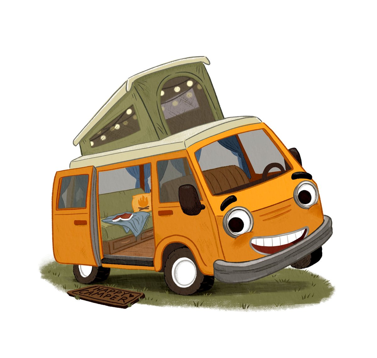 Tried something new! I didn't really have any vehicles in my portfolio so I designed some cute camper characters. This was a lot of fun but man it's making me wanna escape to the desert. 🌵⛺️🌛
#kidlitart #kidlitartist #vehicleillustration #picturebook