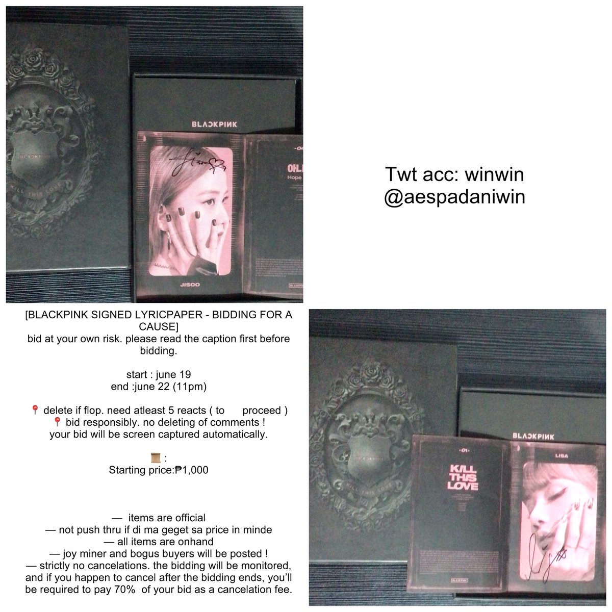 aespadaniwin's tweet image. [BLACKPINK SIGNED jisoo and lisa LYRICPAPER BIDDING FOR A CAUSE]

start:june20
end:june 23(10pm)

#bnstwt #signedalbum #blackpink #jisoo #LISA