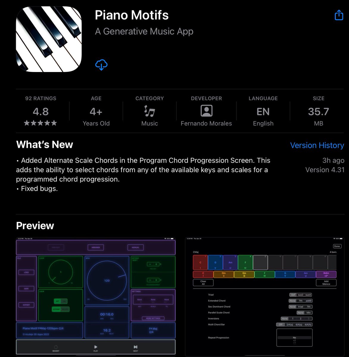 A new version of Piano Motifs (v4.31) is now available. You can now use all the available keys and scales in any of your programmed chord progressions by selecting the new Alternate Scale Chord option. Try it out! 

#generativemusic #ipadmusic #musicapp #midi #midiloops #iosmusic