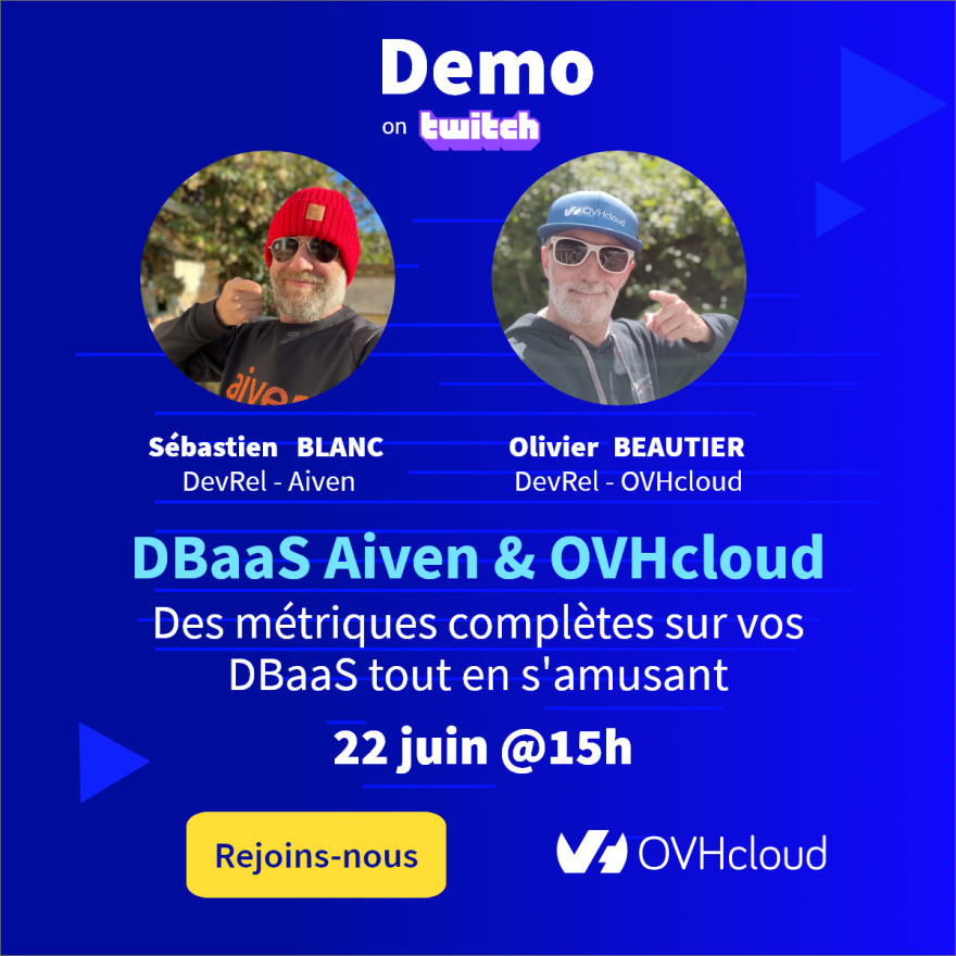 📢 Twitch inédit ce jeudi 26 à 15h!
<a href="/sebi2706/">Sébastien Blanc 🇪🇺 🥑</a> et @raclepoulpe partent en live autour d'une démo sur les DBaaS (<a href="/OVHcloud/">OVHcloud</a> et <a href="/aiven_io/">Aiven</a>), avec de l'infra #Gitlab, du #Grafana, du SQL pour les plus ancien.nes, du #Debezium, et surtout de la bonne humeur !
👉twitch.tv/ovhcloud_com