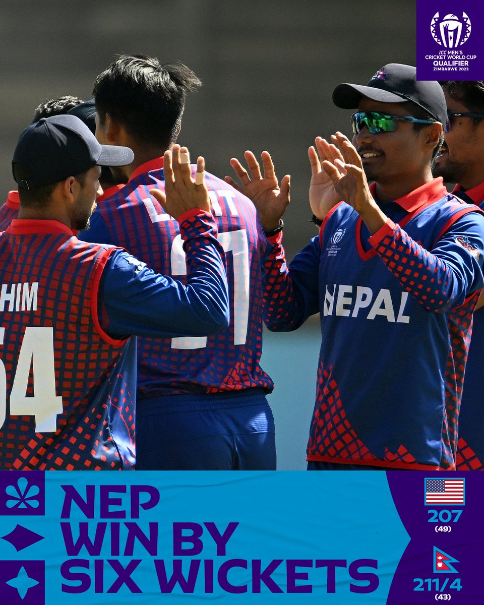 Nepal clinches victory against USA by 6 wickets in the ongoing CWC Qualifiers. An outstanding all-round performance by every player. Congratulations to Nepal Cricket! ❤️🇳🇵 #CWCQualifiers #NepalWins #CricketPassion 

#NEPvUSA #CWC23 #CWC23 #WorldCupQualfier #NepalCricket #Like