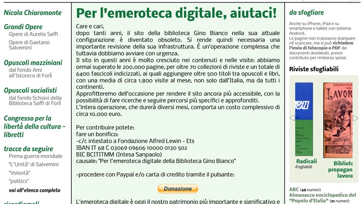 Abbiamo bisogno del vostro aiuto per ristrutturare il sito dell'emeroteca digitale, la cui configurazione è ormai obsoleta.
È un'operazione urgente e complessa per cui ci servono circa 10.000 euro.
Sosteneteci da qui: paypal.com/donate/?hosted…
Ogni contributo sarà prezioso. Grazie