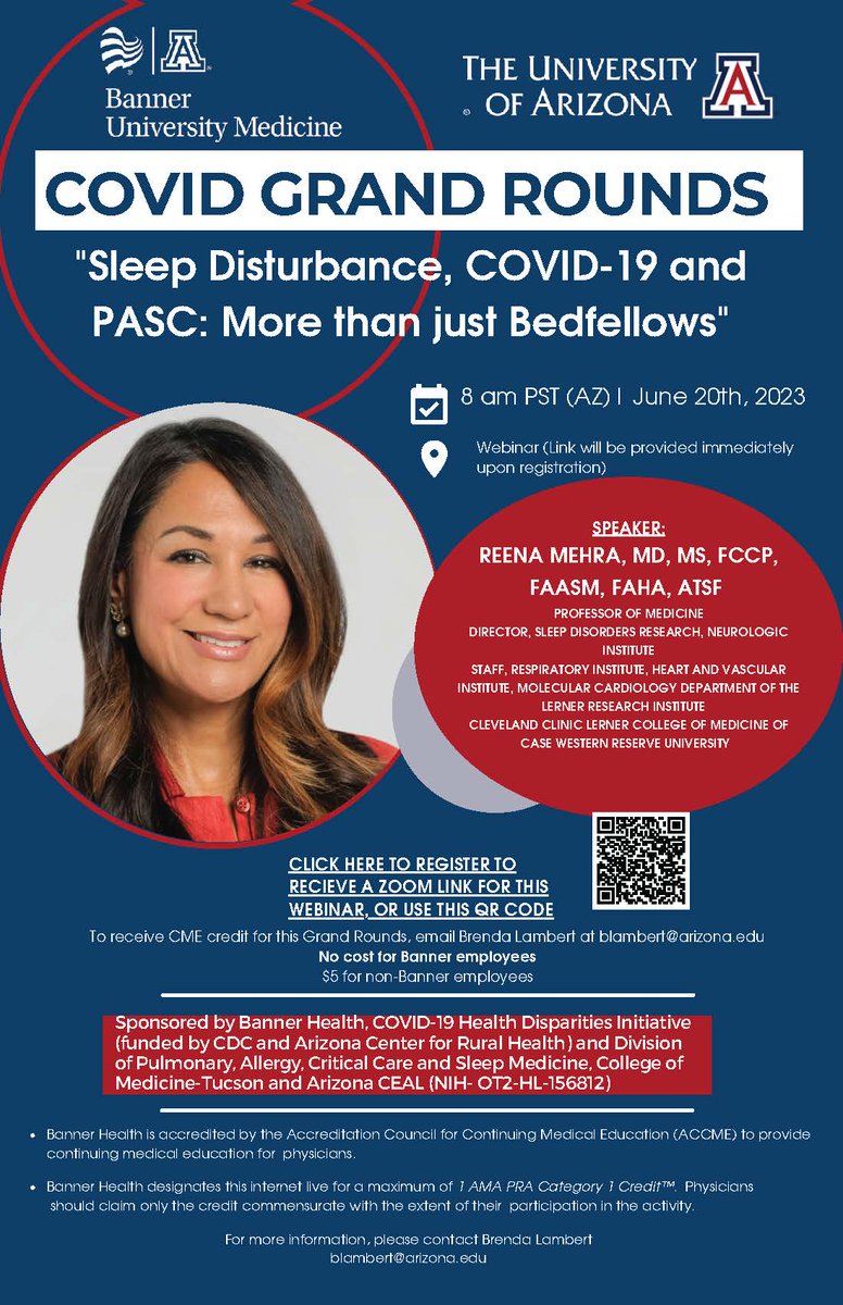 TODAY! Please join for the next COVID GRAND ROUNDS on 06/20/23 - Dr. Reena Mehra at 8am PST (AZ time). <a href="/sai_sparthamd/">Sai Parthasarathy, MD</a> <a href="/uarizona/">University of Arizona</a> <a href="/UAZHealth/">University of Arizona Health Sciences</a> <a href="/UAZBIO5/">BIO5 Institute</a> <a href="/az_ceal/">Az CEAL Consortium</a> <a href="/UAZTucson_IMRes/">UArizona IM Residency, Tucson</a> <a href="/atscommunity/">American Thoracic Society (ATS)</a> <a href="/UofAZSurgery/">University of Arizona Department of Surgery</a> <a href="/SleepUaz/">UAZTucsonSleep</a> <a href="/UAZPHXPulmCCS/">UACOMP Pulmonary, Critical Care, & Sleep Medicine</a> 
Register: arizona.zoom.us/webinar/regist…