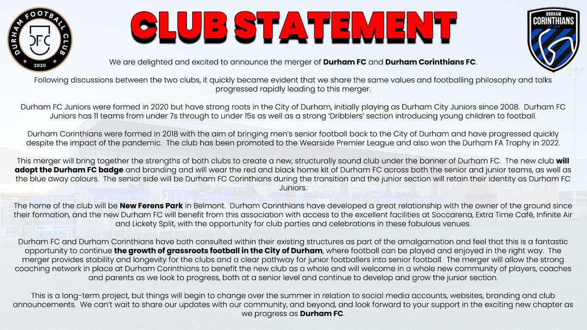 BIG NEWS from Durham Corinthians today.  We are excited to announce our merger with Durham FC Juniors following extensive talks over recent months.

Changes to websites and social media will be incremental and we look forward to growing our new club.