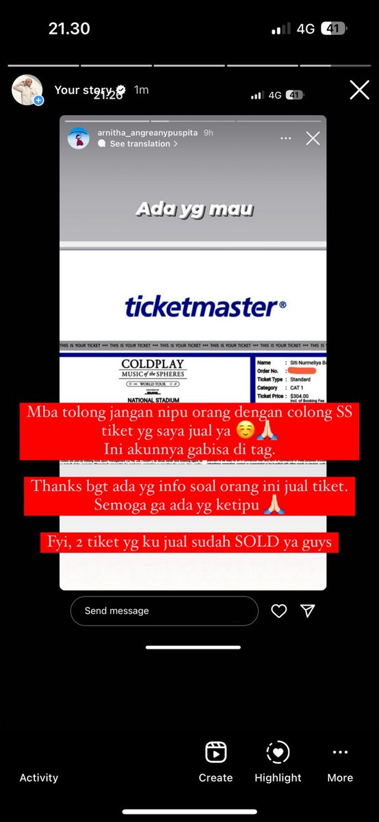 Ada gila gila nya juga ni mba arnitha post mau jual tiket gue. Sempet chatingan juga sama calon pembeli. Untumg smart buyer.. 

Bagi yg mau beli tiket coldplay hati hati ya. Jangan mau trf kalau bukan atas sesuai tiket &amp; tdk bisa cod. 

#ColdplaySingapore #WTs #WTBCOLDPLAY #WTT