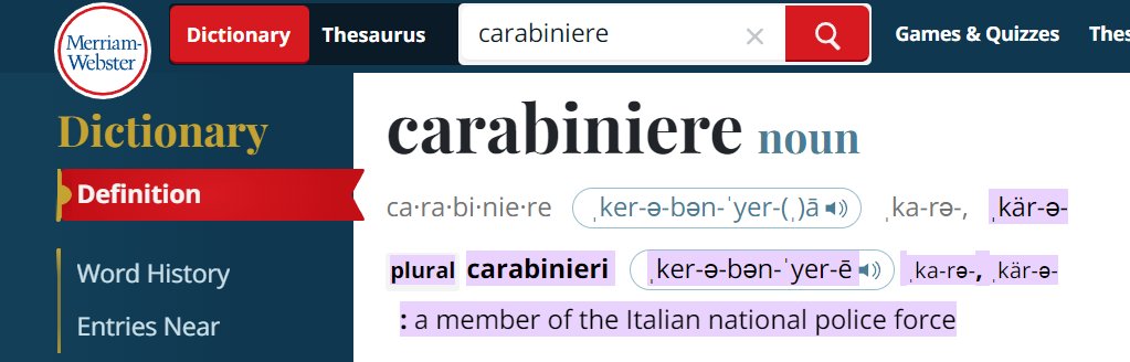 @VtWaifu @LocalBateman For anyone wondering
The Carabinieri is the common name for the Arma dei Carabinieri, a gendarmerie-like military corps with police duties
But also the dictionary definition just says this which is where I think the confusion comes from