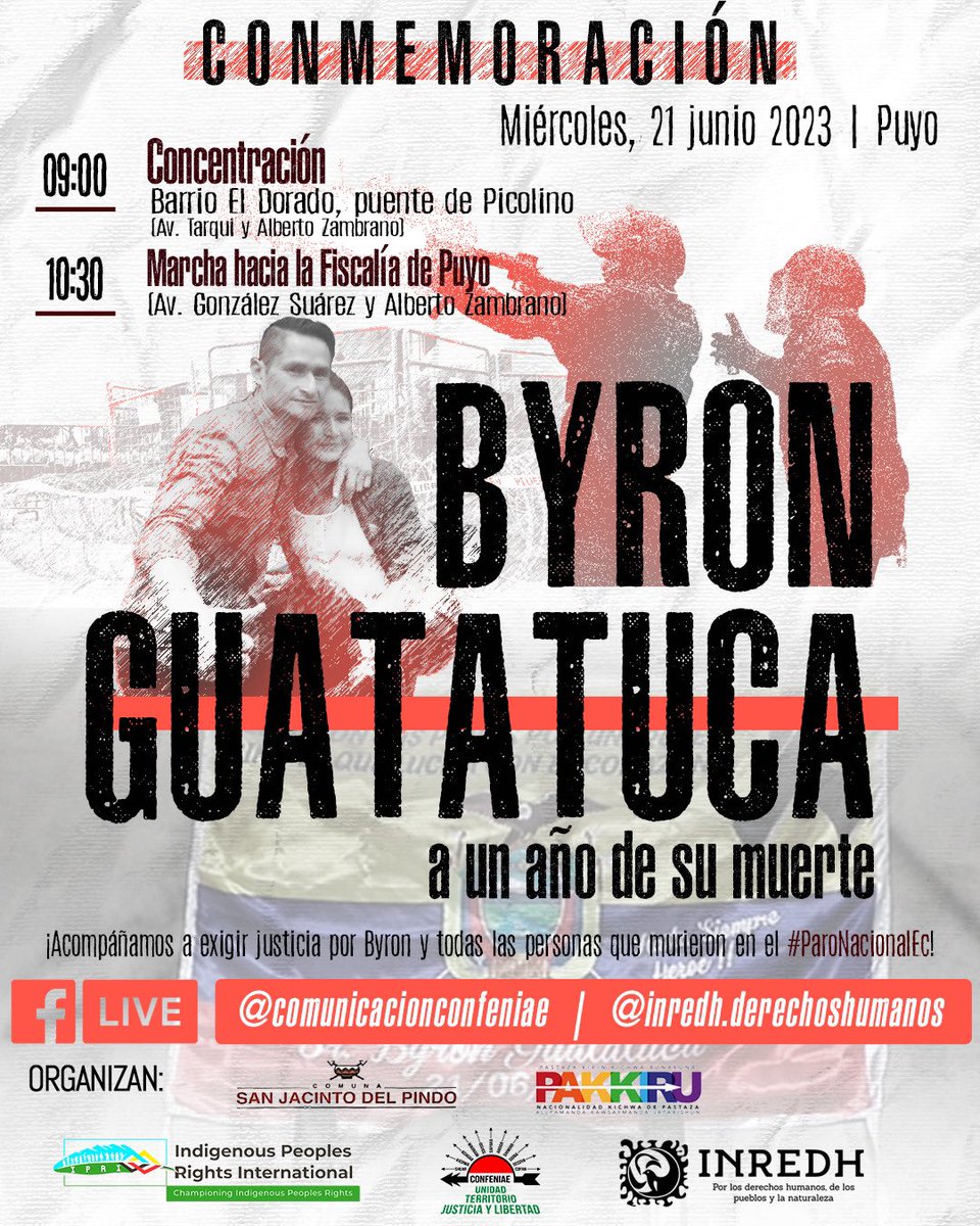El 21 de junio se conmemora el 1er aniversario del fallecimiento de Byron Guatatuca, víctima mortal del impacto de una bomba lacrimógena durante el #ParoNacionalEC en Puyo y por ello nos movilizamos a través de distintas acciones para que este crimen de estado no quede impune