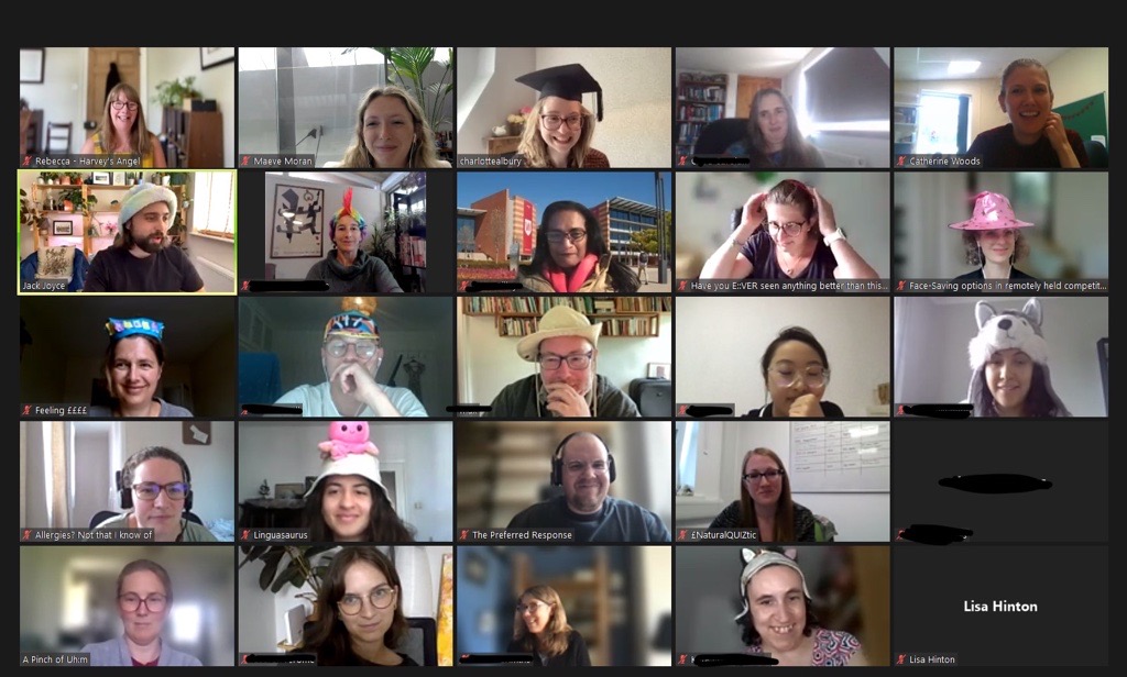 Our wonderful 'Introduction to Conversation Analysis and Healthcare Encounters' delegates and tutors have their thinking hats on for the end-of-course quiz (with some CA-inspired quiz names)!