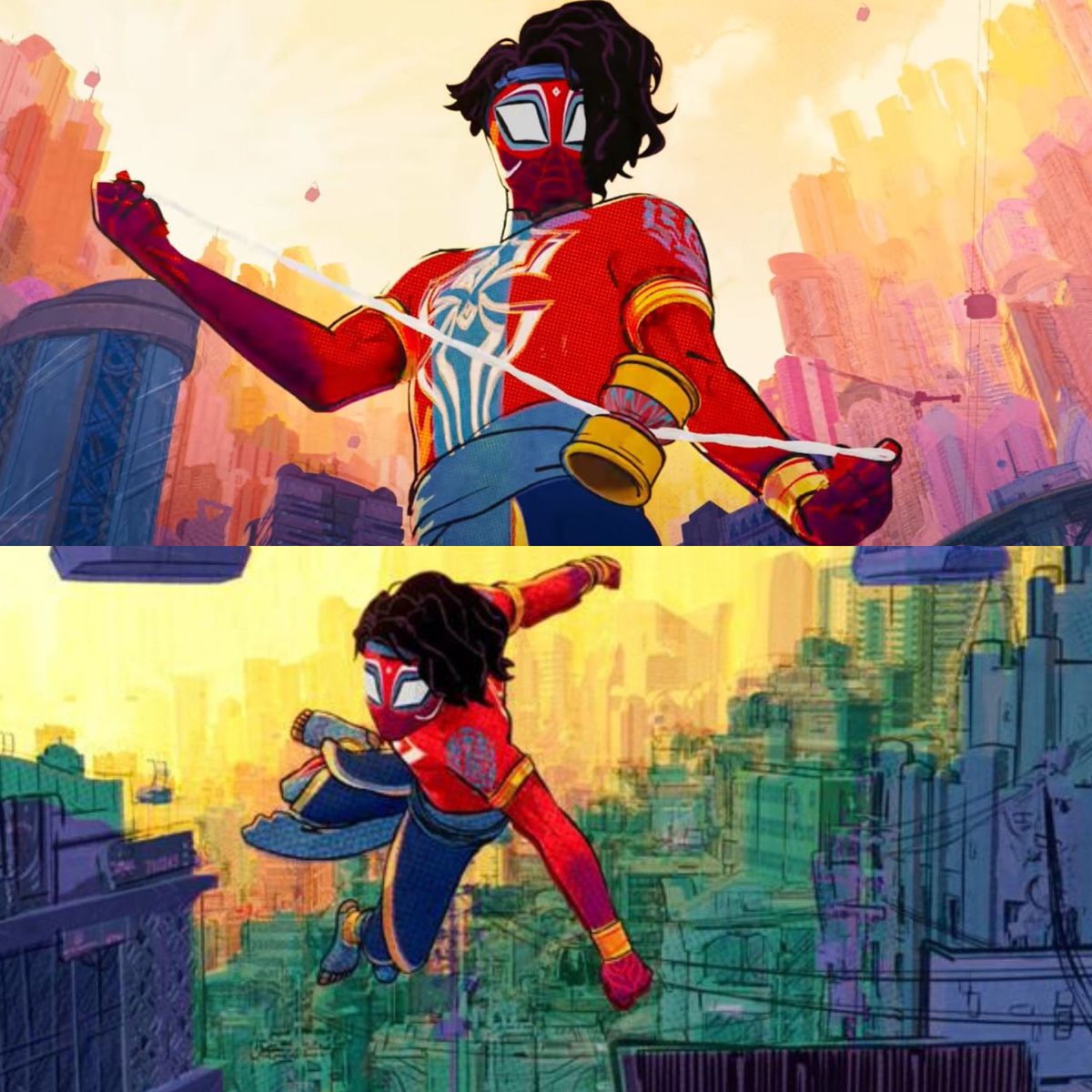 Pavitr Prabhakar and his city of Mumbattan have a visual style inspired by Indrajal comics. We created specific line work, offset misprinting and played with simplifying the high density world into layered colors #AcrossTheSpiderverse #SpiderManAcrossTheSpiderVerse #Spiderman