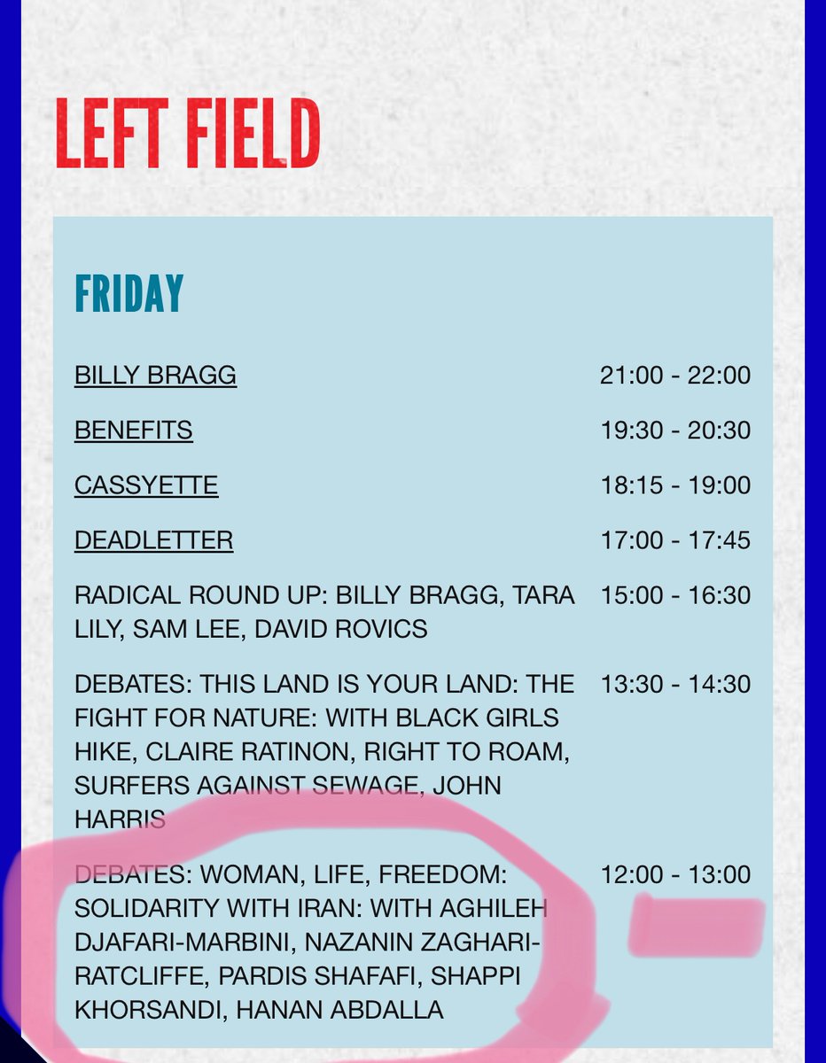 Are you going to #glastonbury2023? Then come see me and @FreeNazanin  and other fab folk at leftfield at noon on friday #womenlifefreedom