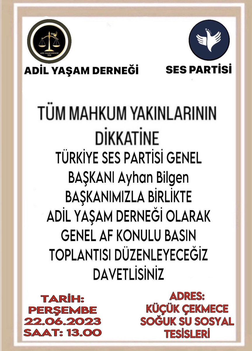 Adil Yaşam Derneği (@adilyasamresmi) on Twitter photo Türkiye Ses Partisi <a href="/sespartisiorg/">Türkiye'nin Sesi Altınçağ Partisi</a>
Genel Başkanı sayın <a href="/ayhanbilgen/">Ayhan Bilgen</a>’in #GenelAf sempozyumuna Adil Yaşam Derneği olarak katılım sağlayacağız
Siz değerli mahkum ailelerinide bekliyoruz.
#AdilYaşamDerneği
<a href="/Mhalukcavusoglu/">M.Haluk Çavuşoğlu</a> <a href="/ayln69/">Aylinabla2 🇹🇷 istanbul. Aylin Balcı</a> Türkiye Ses Partisi <a href="/sespartisiorg/">Türkiye'nin Sesi Altınçağ Partisi</a>
Genel Başkanı sayın <a href="/ayhanbilgen/">Ayhan Bilgen</a>’in #GenelAf sempozyumuna Adil Yaşam Derneği olarak katılım sağlayacağız
Siz değerli mahkum ailelerinide bekliyoruz.
#AdilYaşamDerneği
<a href="/Mhalukcavusoglu/">M.Haluk Çavuşoğlu</a> <a href="/ayln69/">Aylinabla2 🇹🇷 istanbul. Aylin Balcı</a>