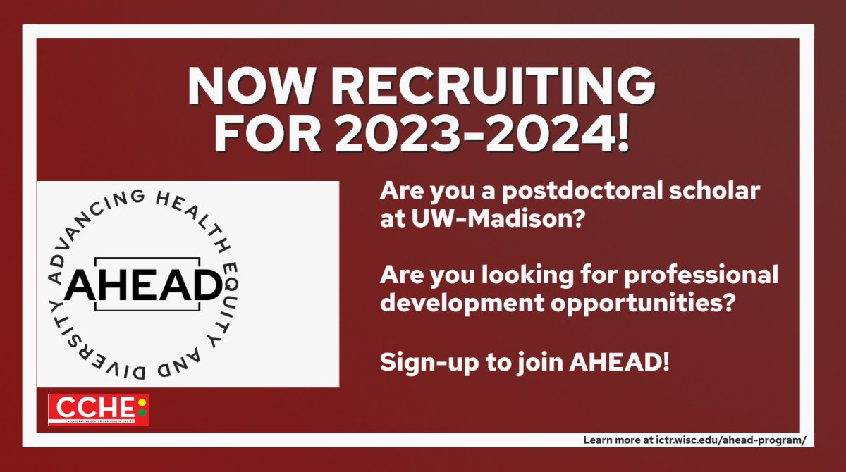 .@UWCCHE invites postdoctoral scholars at #UWMadison to join AHEAD, which provides mentorship training & professional development through a series of seminars. Led by Dr. Stephanie Budge, learn more or sign-up at ictr.wisc.edu/ahead-program