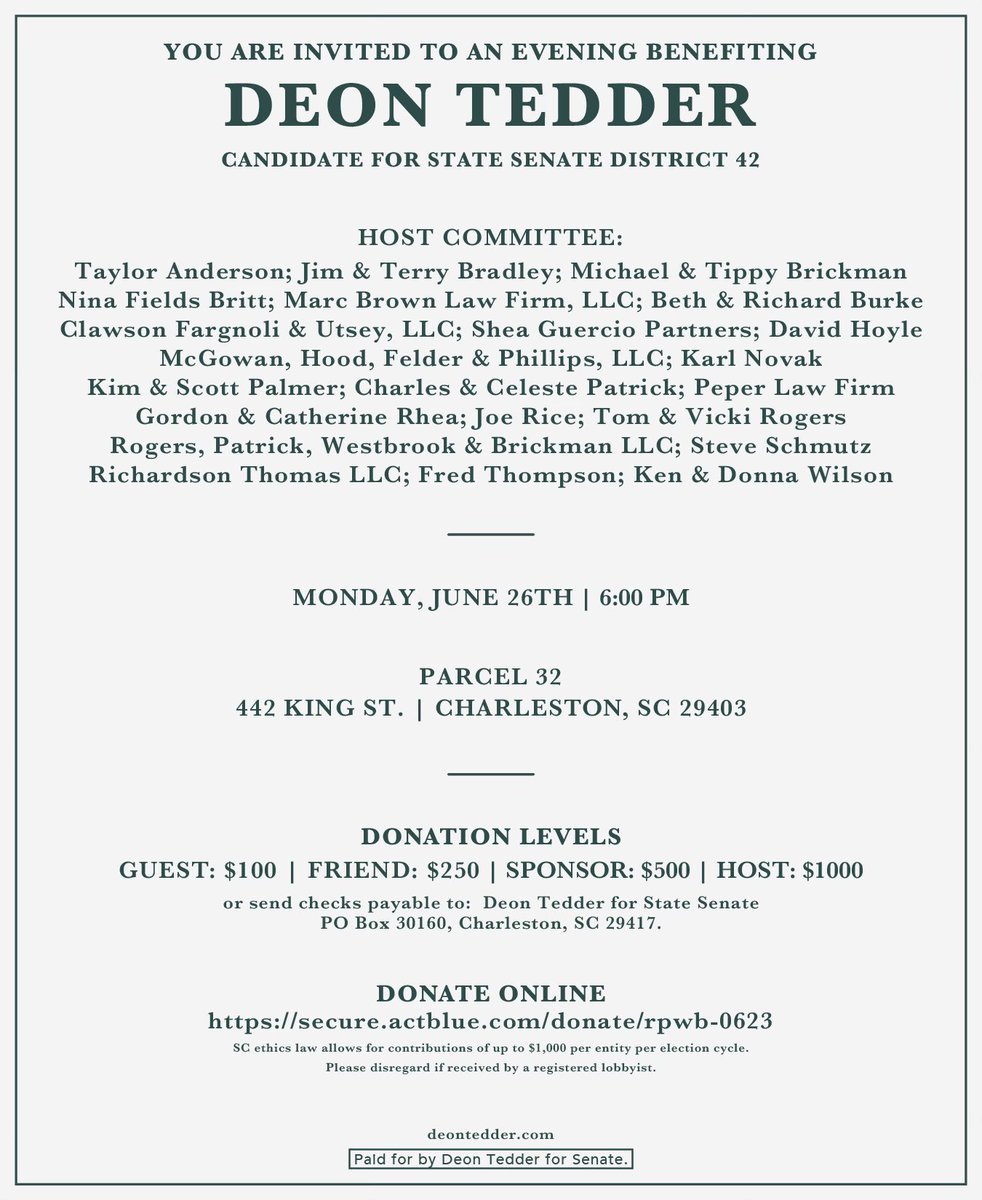 deon_tedder's tweet photo. Join me for a fundraising reception Monday, June 26, to support my campaign for State Senate District 42 in Charleston! Thanks to the host committee & supporters! To make a contribution, link is in bio. #BetterWithTedder #TrialLawyer #TedderforSenate #NewGenerationofLeadership https://t.co/EIESwYb3Zh