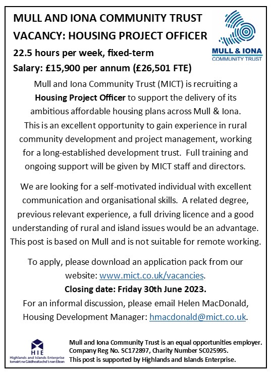 Are you looking to start/develop your career in the community landowner, rural development or housing sector?  

We are recruiting a Housing Project Officer to support the delivery of our ambitious affordable housing plans across Mull & Iona.    
#isleofmull