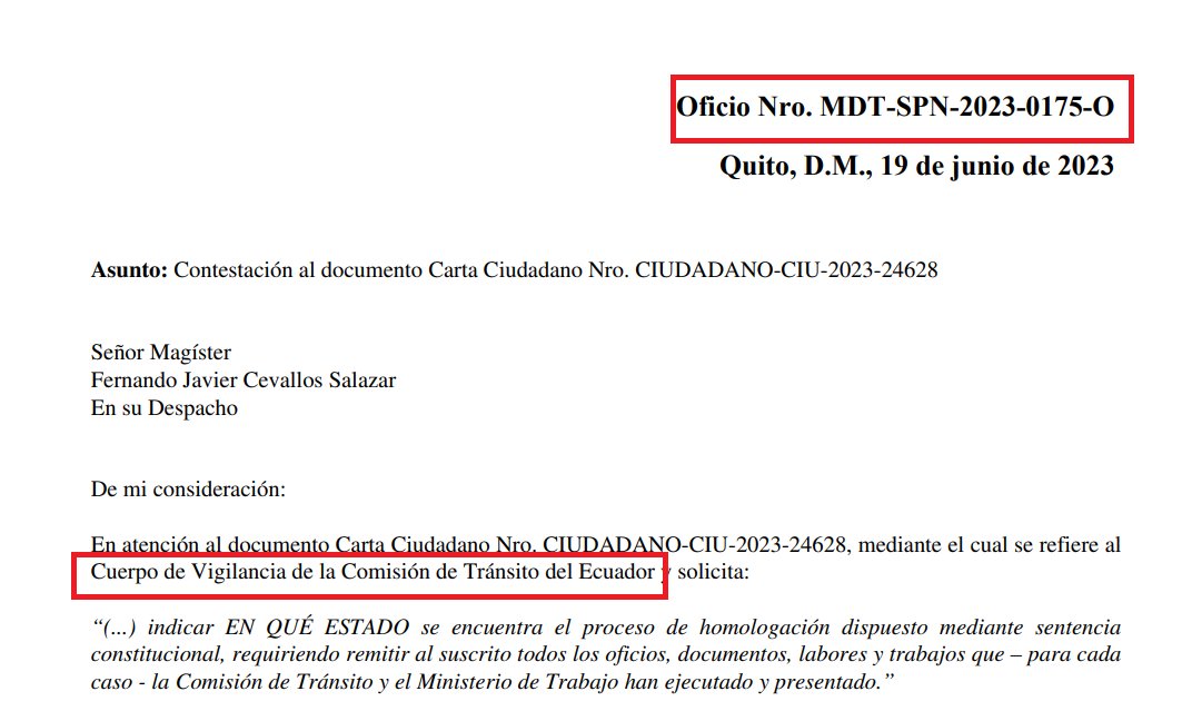 CevallosyAsoc's tweet photo. Señores MDT: La información que solicité no es relativa al Cuerpo de Vigilancia de la CTE, sino a los civiles. Favor corregir y remitir contestación de acuerdo a lo requerido. @LassoGuillermo @Presidencia_Ec @DonosoEcuador https://t.co/KpgsRC7GGr