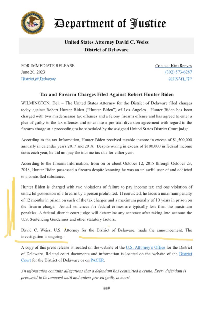 Statement fron Weiss on Hunter Biden plea agreement. NOTE paragraph 5. “David C. Weiss, U.S. Attorney for the District of Delaware, made the announcement. The investigation is ongoing.”