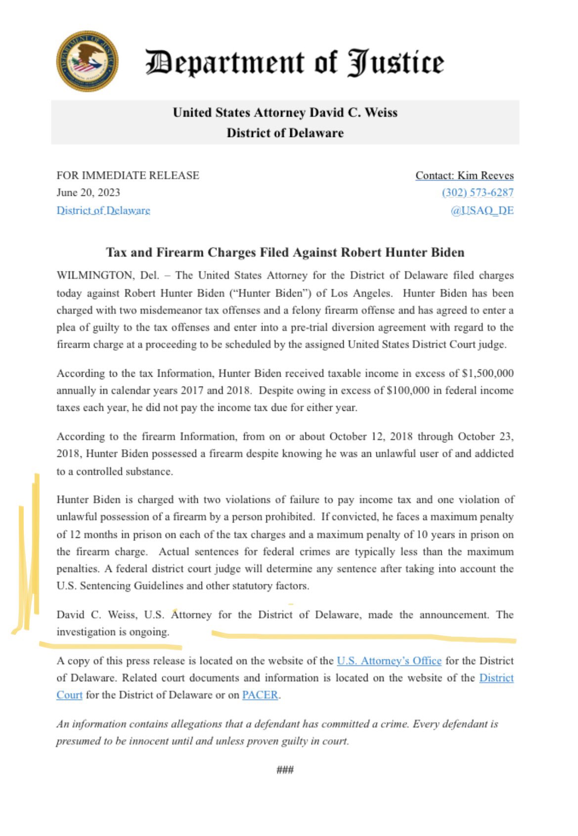 Catherine Herridge on X: "Statement fron Weiss on Hunter Biden plea  agreement. NOTE paragraph 5. “David C. Weiss, U.S. Attorney for the District  of Delaware, made the announcement. The investigation is ongoing.”