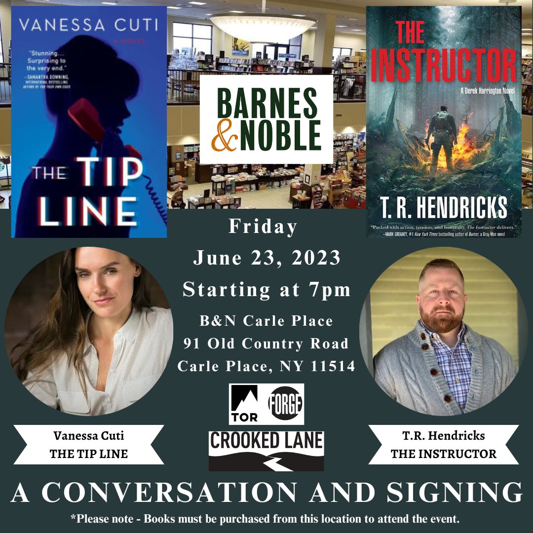 FRIENDLY REMINDER - THIS FRIDAY

#LongIsland! You asked and we listened! Fellow @ITWDebutAuthors alum @vanessajcuti and I will be at @BNCarlePlace on Friday 6/23 at 7pm for a conversation & book signing!

#inconversation #booksigning @torbooks @ForgeReads @crookedlanebks #NY