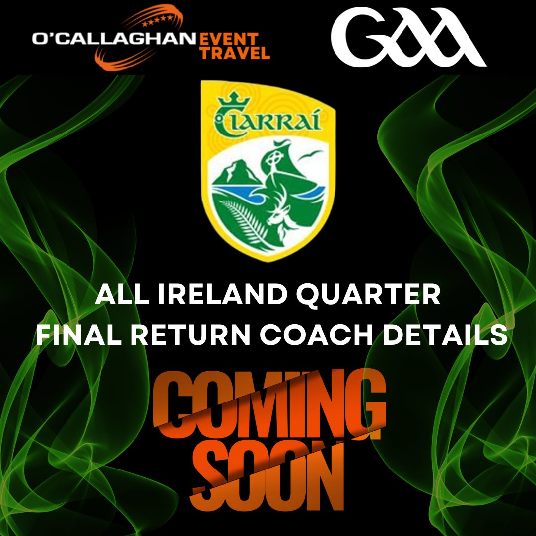 Travel to Kerry's All Ireland Quarter Final match with O'Callaghan Event Travel! Details coming next week 👍😉
#wearekerry #ciarraíabú #upthekingdom #kerrygaa #kerry #gaa #gaelicgames #gaalife