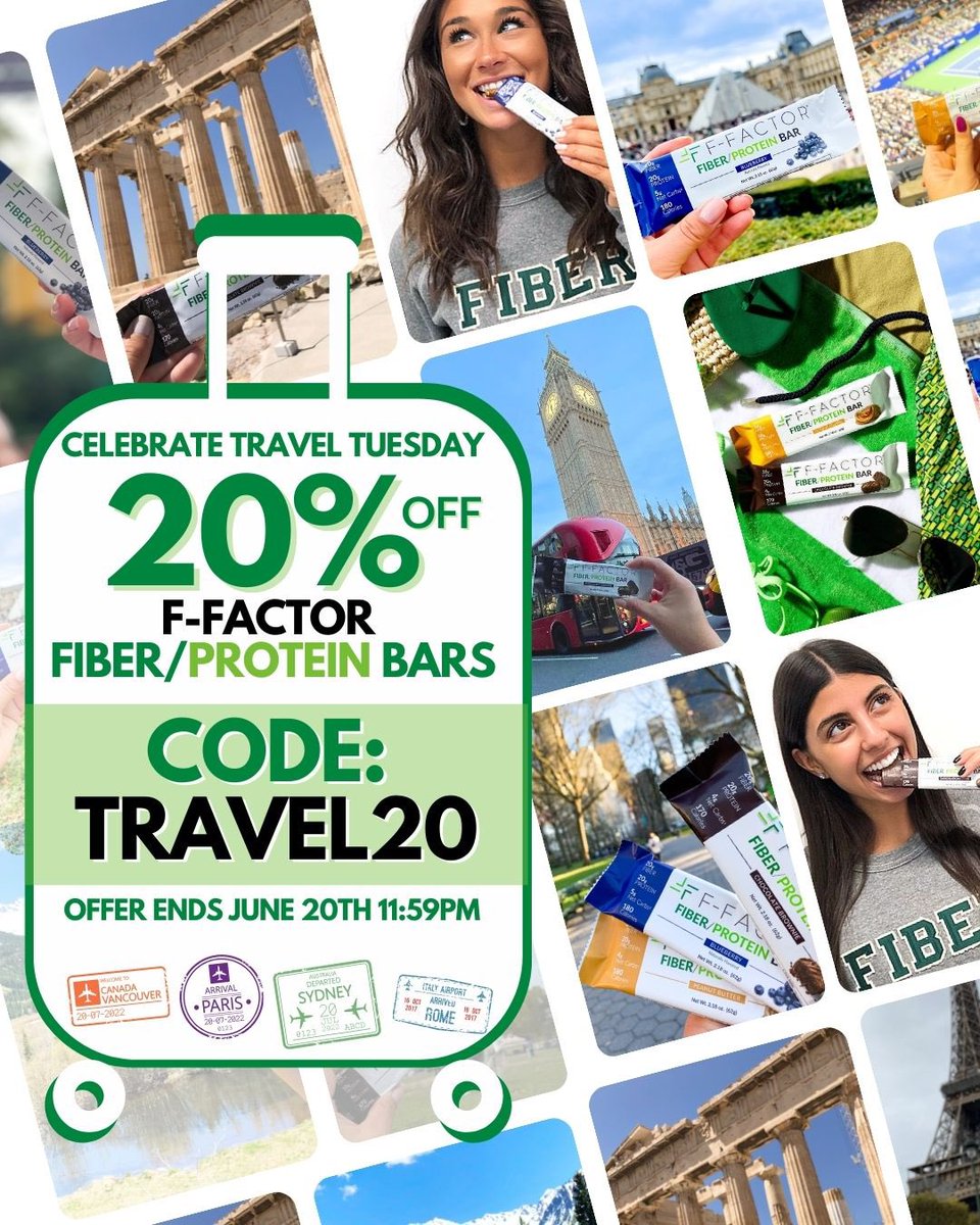 Fiber + Protein are the perfect travel companions 🛫 .⁣
⏰ Today ONLY F-Factor Fiber/Protein BARS are 20% off!
  
**Use CODE: TRAVEL20 to save today!** 

Each serving of F-Factor Fiber/Protein Bars contain ✅ 20g belly-filling fiber along with ✅ 20g of muscle-building protein!