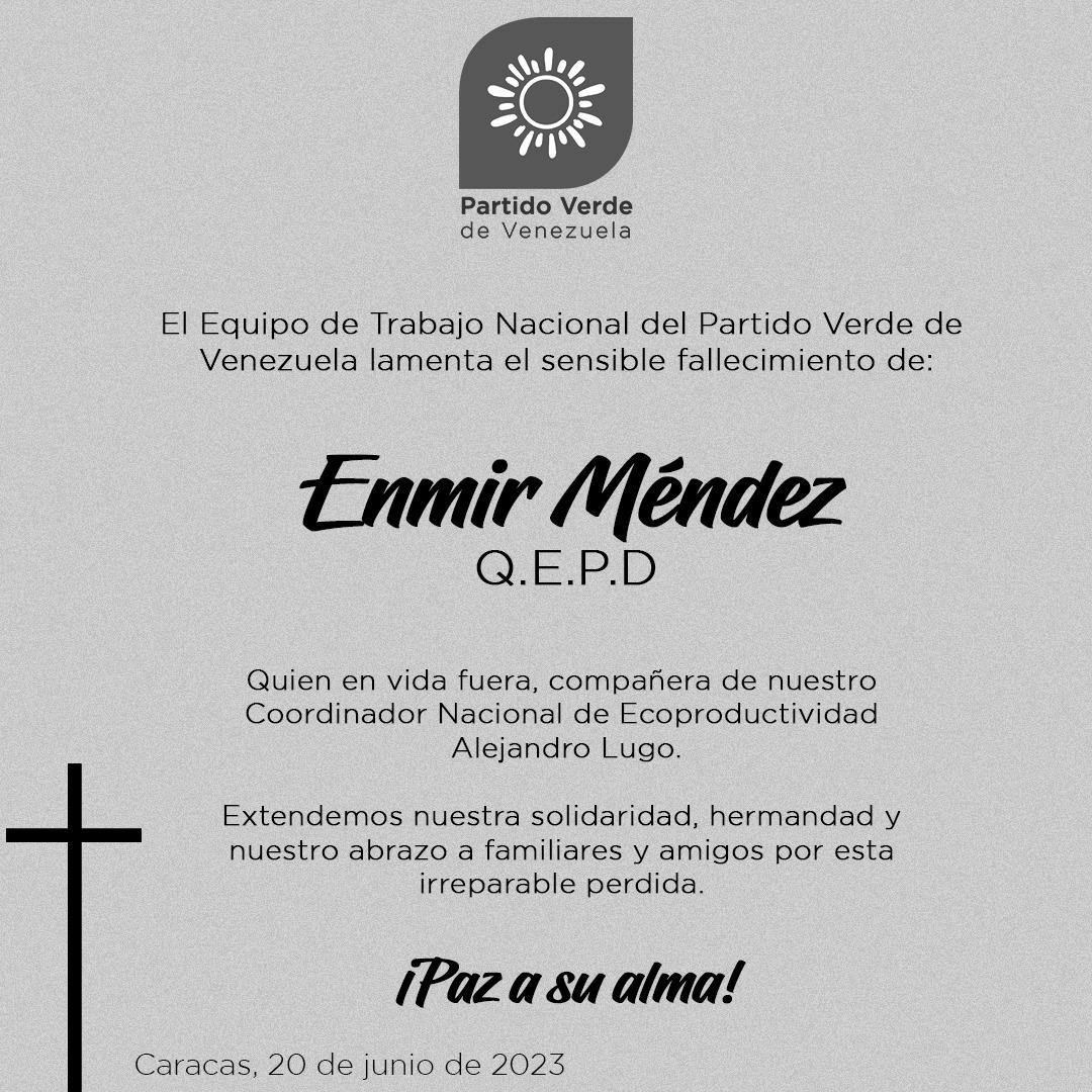 Lamentamos el sensible fallecimiento de  Enmir Méndez, quien en vida fuera compañera de nuestro Coord. Nacional de Ecoproductividad Alejandro Lugo, extendemos nuestro abrazo y solidaridad a sus amigos y familiares.

<a href="/NicolasMaduro/">Nicolás Maduro</a>
@HeryckRangel
#1x10EsEficiencia