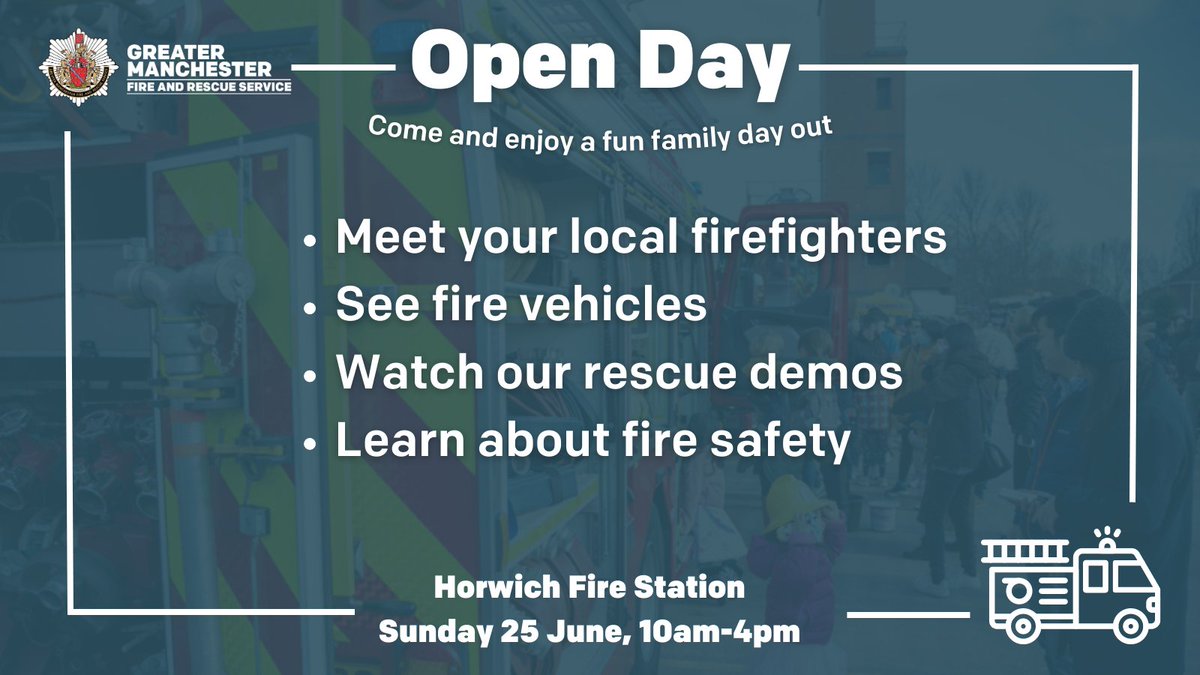 📅Save the date 🚒 Horwich Fire Station is hosting an open day this Sunday 25 June from 10am to 4pm Come along with your family and enjoy a fun day out!
