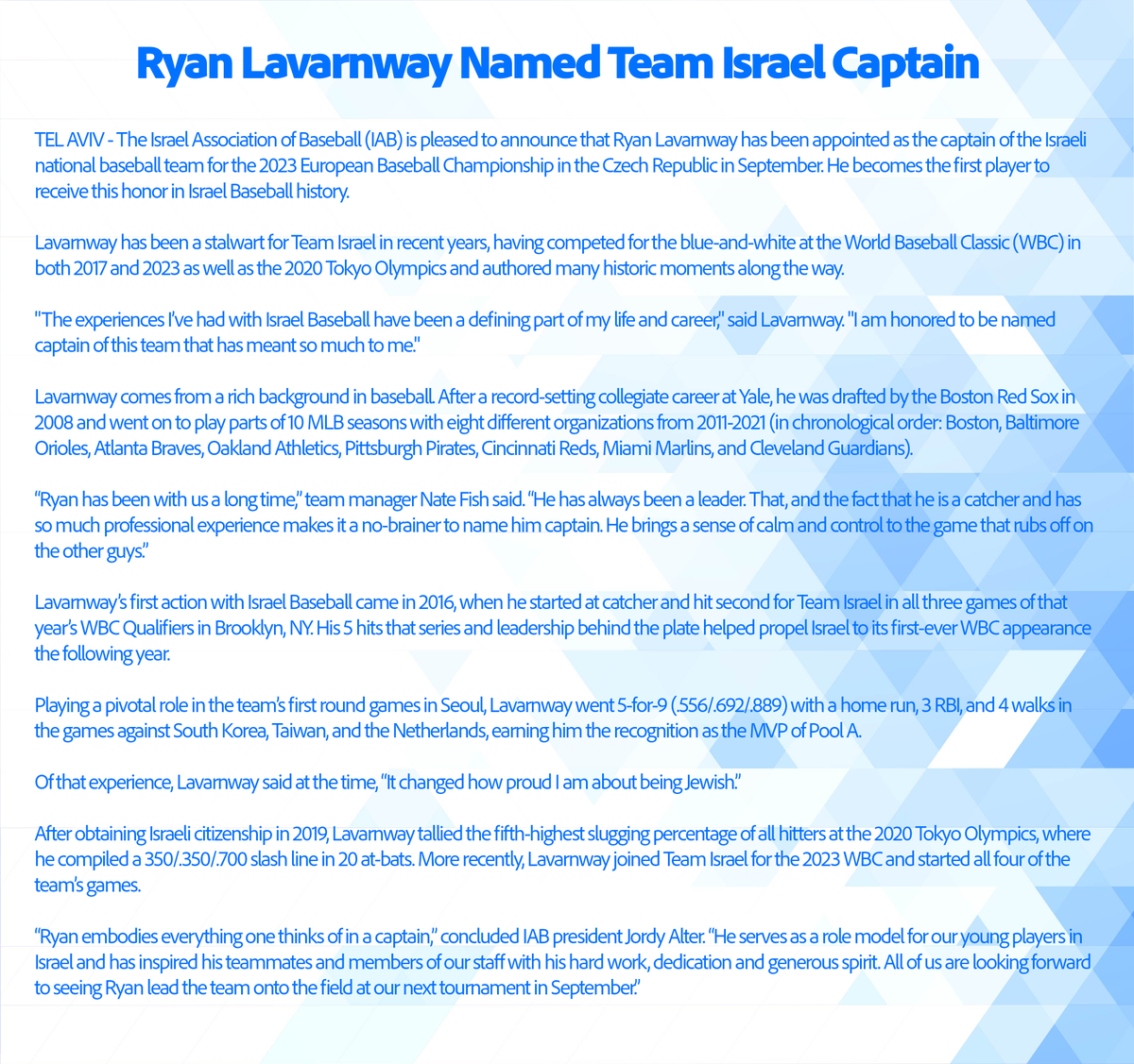 ILBaseball's tweet image. CAPTAIN

for the first time in Israel Baseball history, we have named a team captain

this September, at the 2023 European Baseball Championship in the Czech Republic, your captain will be...

RYAN LAVARNWAY @RyanLavarnway